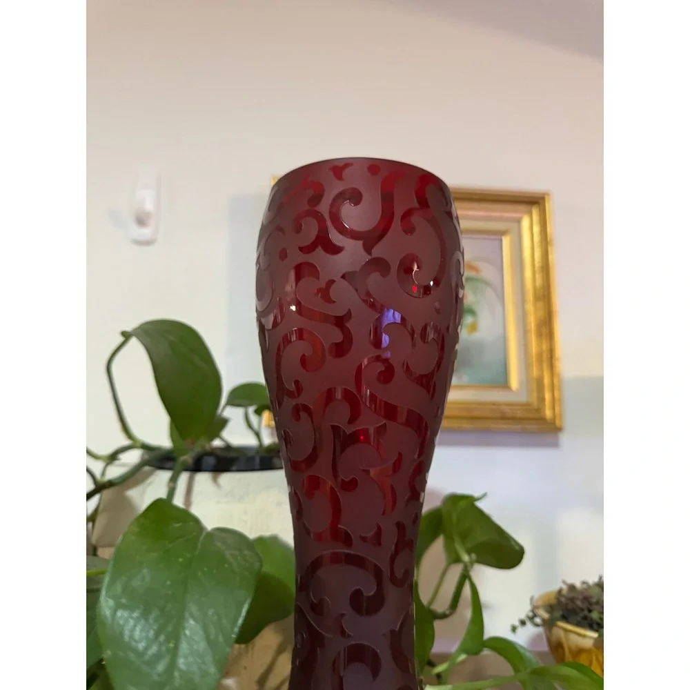 Vintage Cased‎ Ruby Red Frosted Glass Art Glass Vase - Tall Christmas